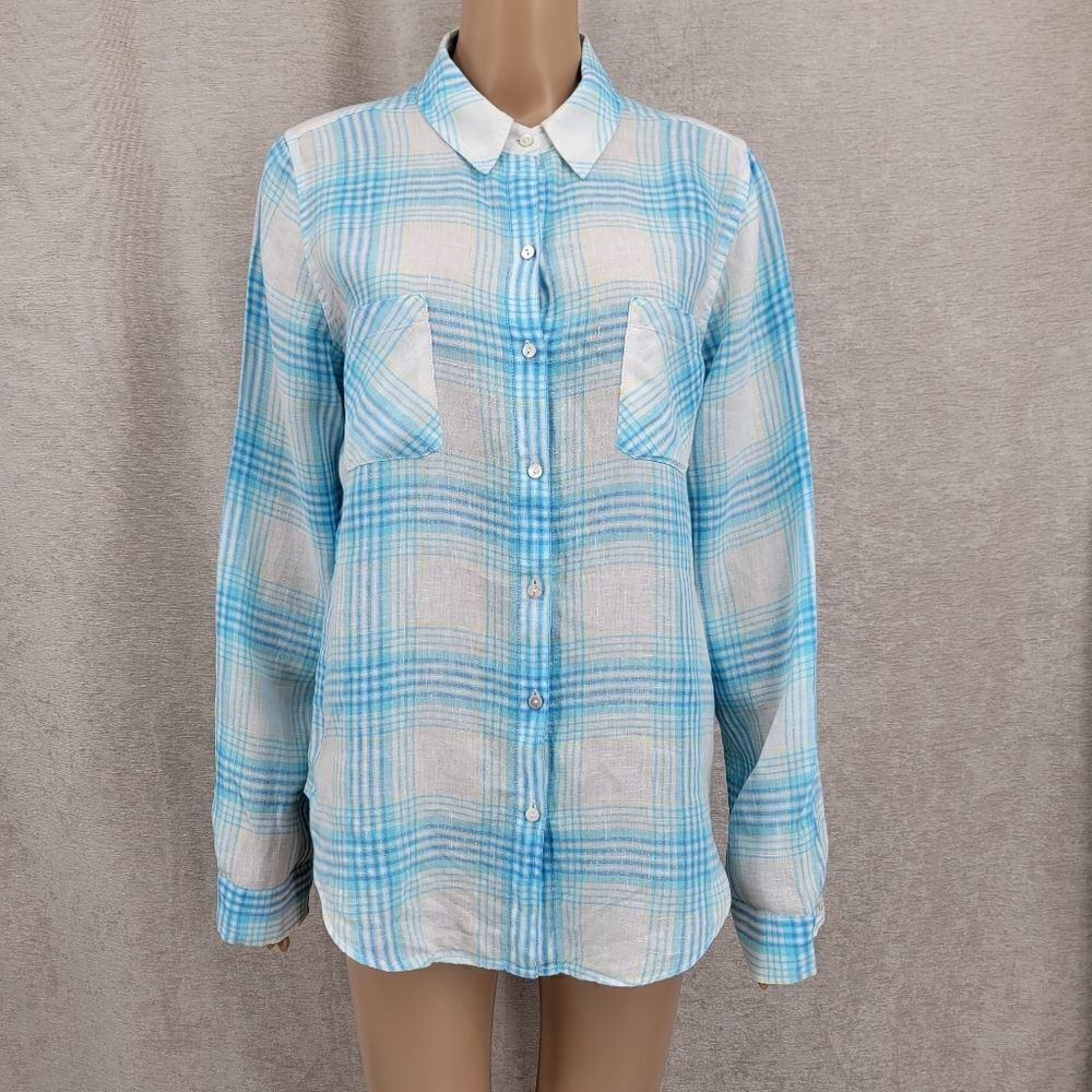 Lilly Pulitzer Linen Sea View Button Down Top Shirt Blue Beach Day Plaid Medium